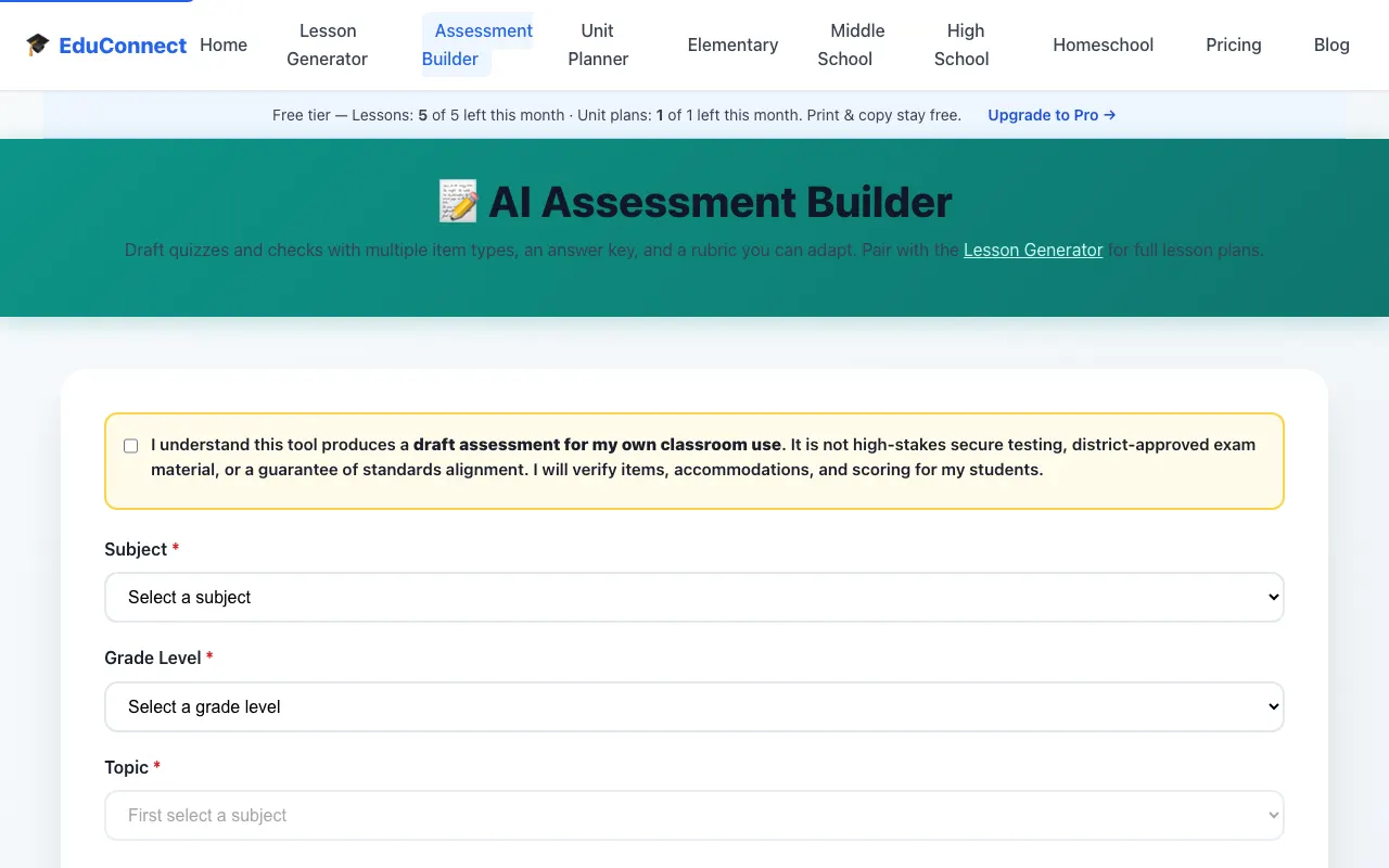 EduConnect Assessment Builder screenshot